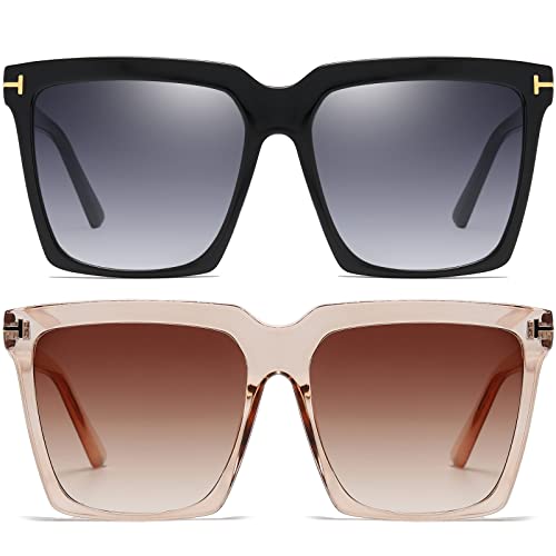 AIEYEZO Oversized Square Sunglasses for Women Men Fashion Big Frame Shades Outdoor Sports Driving Sunnies UV400 Protection (Black/Grey Gradient + Clear Brown/Brown Gradient)