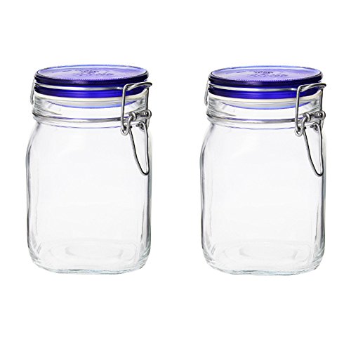 Bormioli Rocco Fido Collection, 2 Pack, 33¾ Oz. Food Storage Glass Jars, Airtight Rubber Seal & Glass Lid, With Stainless Wire Clamp, Made In Italy.