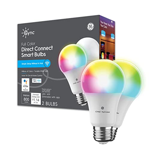 GE CYNC A19 Smart LED Light Bulbs, Color Changing Room Décor, Bluetooth and WiFi Light Bulbs, 60W Equivalent, Work with Amazon Alexa and Google Home (2 Pack)