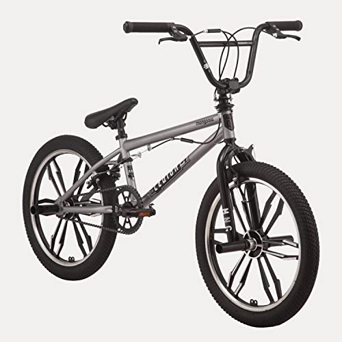 Mongoose Legion Mag Kids Freestyle Sidewalk BMX Bike, Beginner Riders, 20-inch Wheels, Hi-Ten Steel Frame, Micro Drive 40x16T BMX Gearing, Silver