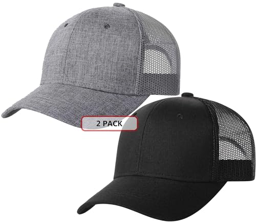 TSSGBL 2 Pack Snapback Mesh Trucker Hat Plain Summer Cool No-Logo Ball Caps for Men,Adjustable Blank Trendy Work Baseball Cap (Black-Grey)