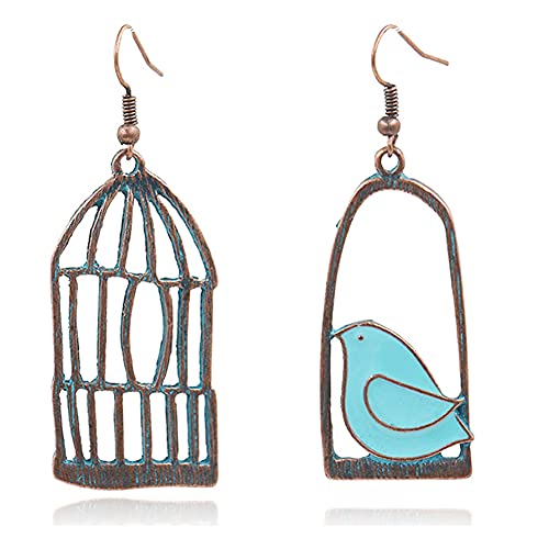 DIYANMMY Unique Personalized Hollow Bronze Asymmetric Bird Cage Dangle Drop Earrings for Women Girls Vintage Bohemian Hypoallergenic Jewelry (Bird Cage Drop Earrings)