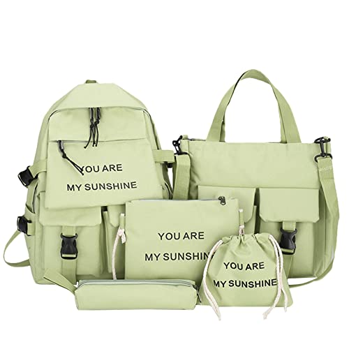 MYNKYLL Male And Semale Students Backpack Leisure Campus Five Piece Bag Youth Fashion Simple High Capacity (Green, One Size)