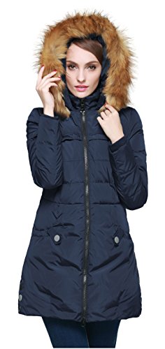 Orolay Women's Down Jacket with Faux Fur Trim Hood (L, Navy)