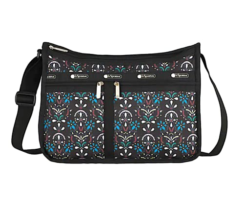LeSportsac Cloistered Jewels Deluxe Everyday Crossbody Bag + Cosmetic Bag, Style 7507/Color E469, Mosaic Art Tiles Designed in Colorful Crest & Flower Motifs, Vibrant Jewel Tones: Ruby, Azure, Emerald