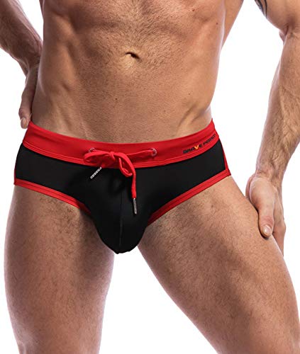 MIZOK Mens Bikini Swimwear Swim Briefs Sexy Low Rise Quick Dry Hot Body Swimsuit (Black, L)