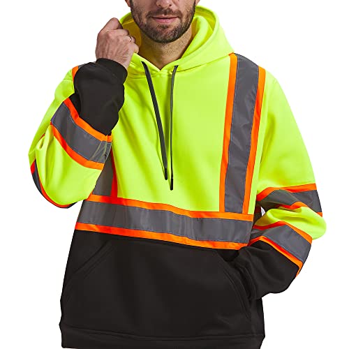 Lavori-AK Safety Hoodie for Men Jacket, Hi Vis Sweatshirts,ANSI Class 3 Reflective Working Pullover,High Visibility with Black Bottom(Yellow and Black,L)