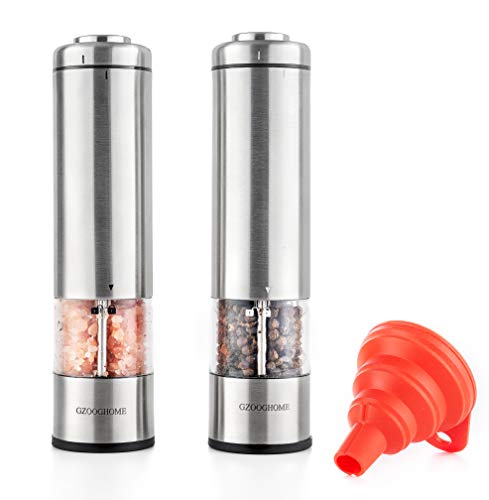 GZOOGHOME Electric Salt and Pepper Mill Grinder Set - Battery Operated Automatic One Handed Pepper Salt Mill with Funnel and Bottom Cap - Ceramic Grinders with Lights and Adjustable Coarseness