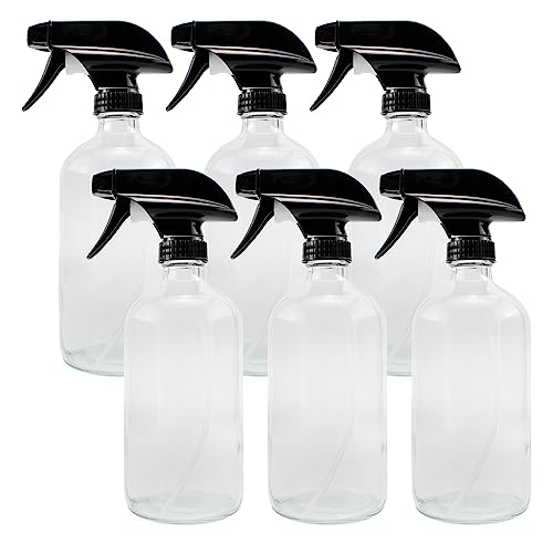 Cornucopia Brands 16-Ounce Clear Glass Spray Bottles w/Heavy Duty Sprayers (6-Pack); 3-Setting Spray Tops w/Boston Round Bottles & Chalk Labels