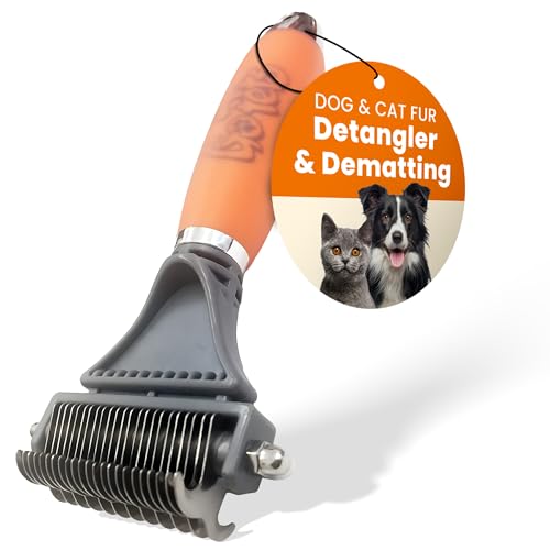 GoPets 2-Sided Dematting Comb - Professional Grooming Rake for Cats & Dogs, Long Hair Deshedding Tool, Undercoat Brush - for Matted & Long-Haired Pets