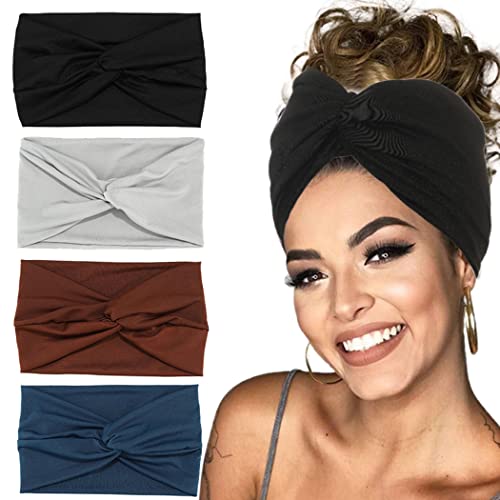 GORTIN Wide Headbands for Women Black Boho Headband Stretchy Head Wraps Leopard Knotted African Hair Bands Twist Sweatbands Turban Hair Accessory Tie-Dye HeadScarf 4 Pack (C-Classic solid color)