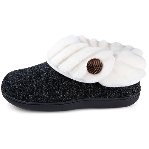 Wishcotton Women's Fuzzy Felt Slippers, Ladies' Closed Back House Shoes with Nonslip Rubber Sole, Black, Size 7