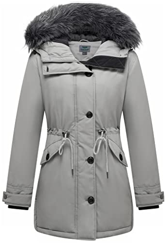 GGleaf Women's Winter Thicken Jacket Quilted Coat Puffer Parka with Faux Fur Trim Hood Grey X-Large