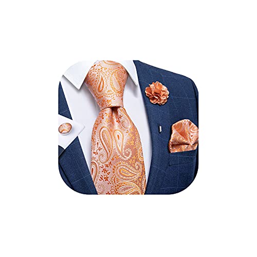 DiBanGu Men's Orange Coral Paisley Tie and Pocket Square Lapel Pin Woven Necktie Cufflink Set
