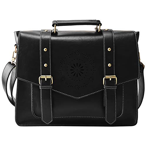 ECOSUSI Messenger Bag for Women Briefcase Messenger Laptop Bag PU Leather Satchel Work Bags Fits 14' Laptop, Black
