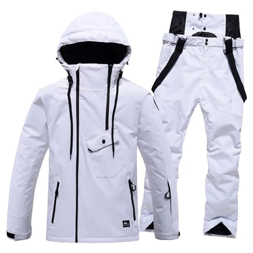 Womens Ski Suit Waterproof Windproof Insulated Unisex Snowsuit Hooded Drawstring Trendy Ski Jackets and Pants Solid Zipper Pocket Snowboarding Winter Outdoor Sports Fashion Snowmobile Suit