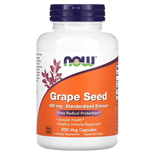 NOW Supplements, Grape Seed 100 mg - Standardized Extract, Highly Concentrated Extract with a Minimum of 90% Polyphenols, with Vitamin C, 200 Veg Capsules