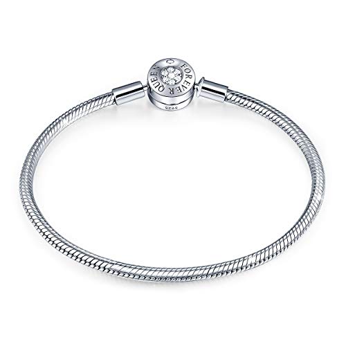 Charm Bracelet Fit Charms 925 Sterling Silver Basic Snake Chain Bracelet for Women Girls, Signature Bracelet with Sparkling Round Clasp Charm Clear CZ FQ00016 (7.5in/19cm (Updated Version))