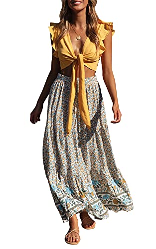 ZESICA Women's 2024 Bohemian Floral Printed Elastic Waist A Line Maxi Skirt with Pockets,Cream,Medium