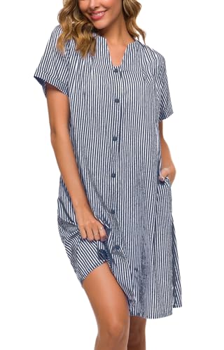YOZLY House Dress Women Cotton Duster Robe Short Sleeve Housecoat Button Down Nightgown (Navy Blue, XXL)