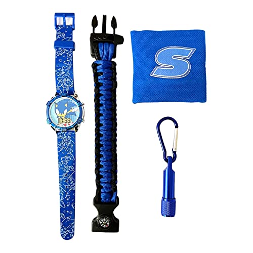 Accutime Kids SEGA Sonic The Hedgehog Blue Digital Flashing LCD Quartz Childrens Wrist Watch for Boys, Girls, Toddlers with Blue Survival Band, Sweat-Band & Flashlight Keychain (Model: SNC40063MAZ)