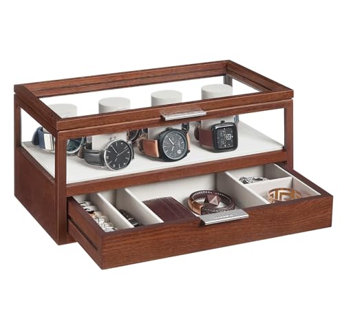 SONGMICS 2-Tier Wooden Watch Case, Christmas Gifts, Watch Display Box, Watch Holder with 7 Pillars, Drawer, Acrylic, Solid Wood Top and Veneer, Velvet Lining, Coffee Brown UJOW007K01