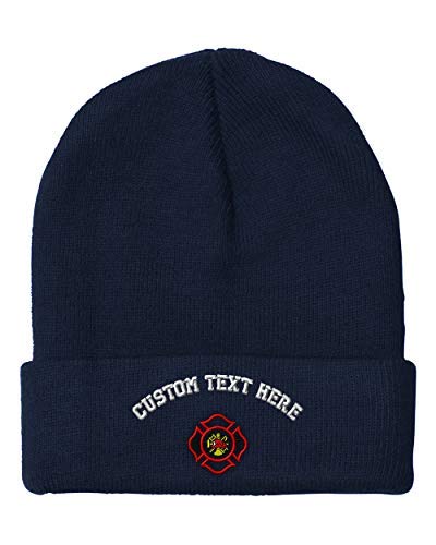 Custom Beanies for Men Maltese Cross Firefighter Embroidery Firefighter Logo Winter Hats for Women Acrylic Skull Cap 1 Size Navy Personalized Text Here
