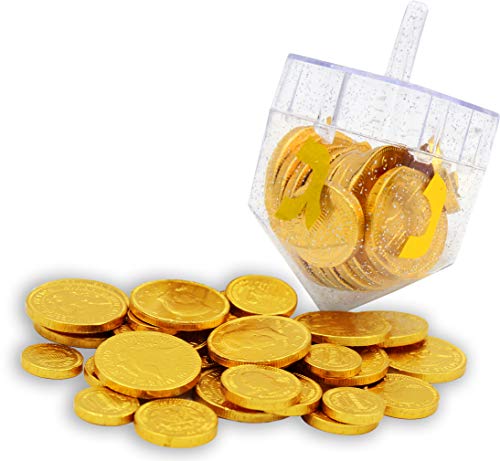 Dreidel Filled with Hanukkah Chocolate Gelt Coins, 10 Belgian Chocolate Half Dollar Coins, Dark Chanukah Gelt, Kosher (Single)