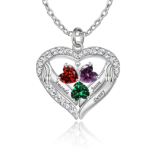ORFANDE Personalized Mothers Necklace with 1-6 Names and Simulated Birthstones Custom Heart Pendant Necklace for Mom Personalized Mother Necklace for Christmas (3 Names)