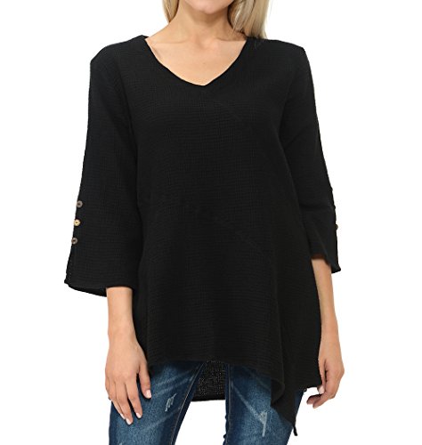 Focus Fashion Women's Cotton Mini Waffle Tunic Top-LW102 (Medium,Black)