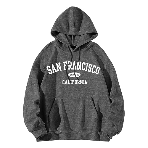 Hoodies for Women San Francisco Est.1786 Letter Printed Hooded Sweatshirt California Pocket Oversized (Dark Gray, M)