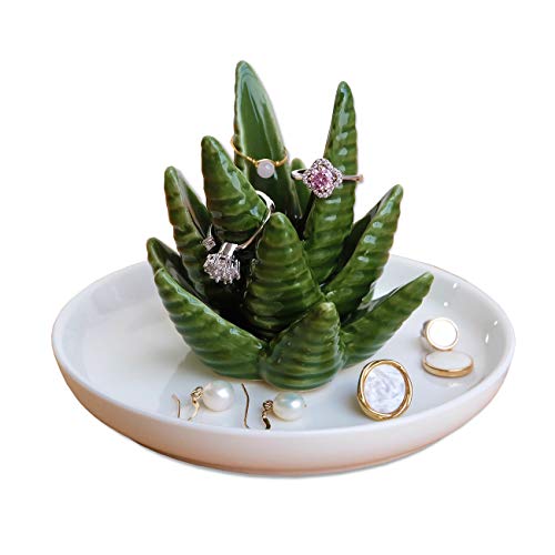 PUDDING CABIN Aloe Ring Holder,Cactus Ring Dish,Jewelry Holder Trinket Tray for Rings Earrings Necklace Organizer,Bridesmaid Christmas Birthday Gift for Women Girls