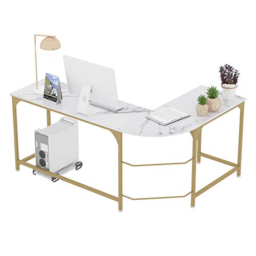 Teraves Reversible L Shaped Desk White - 66.1' Corner Gaming Computer Desk, Office Workstation Modern Home Study Writing Table, Marble Gold