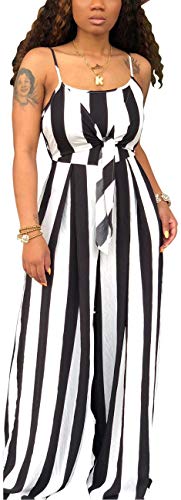 SxClub Women's Casual Wide Leg Jumpsuits Sexy Spaghetti Strap Striped Loose Comfy Long Pants Rompers Sleeveless Backless Cut Out Tie Front