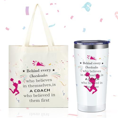 Shinylin 2 Pcs Cheer Coach Gifts for Women Inspirational Cheerleader Gift Cheer Tumbler with Lid Cheerleader Tote Bag Coach Gifts Cheerleading Gifts Case Portable Tote Handbags Tumbler for Teammates
