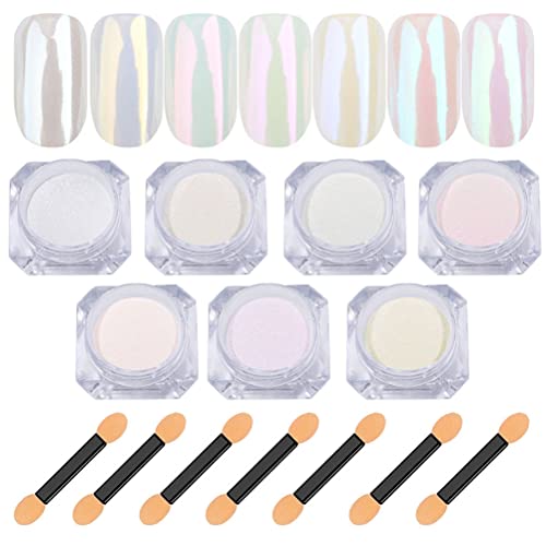 7 Colors White Pearl Chrome Nail Powder Aurora Metallic Nail Powder Holographic Mirror Effect Chrome Powder Iridescent Shell Powder Glitter Nail Art Pigment Manicure Powder for Nails (White Pearl)