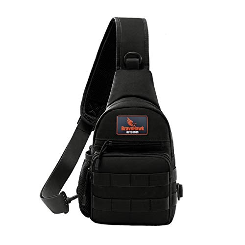 BraveHawk OUTDOORS Sling Chest Bag, 900D Nylon Tactical MOLLE Compact Crossbody Hiking Cycling Pack (Black)