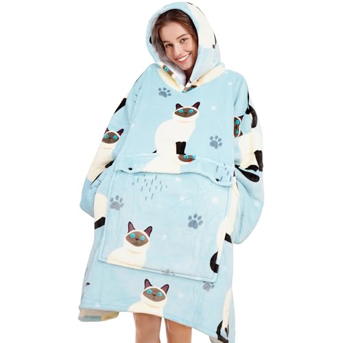 Oversized Blanket Hoodie Blanket for Women,Wearable Blanket Adult Giant Hoodie Cozy Sweatshirt Kawaii Stuff,Birthday Gifts for Women,Christmas Gifts for Sister,Teen Girl Gifts Blue Cat