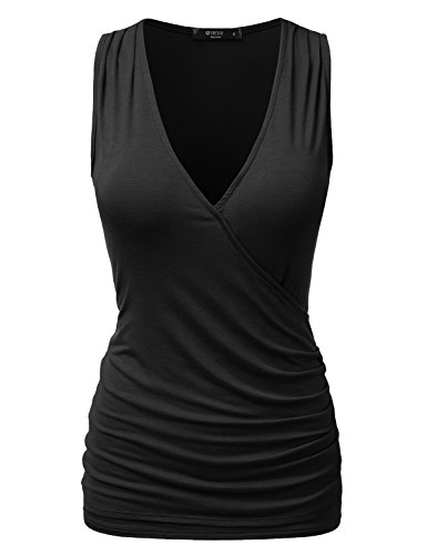 DOUBLJU Sleeveless Satin Ruched Hem Tank Tops Deep V Neck Tops Casual Basic Wrap Style T Shirts for Womens with Plus Size, Black, L