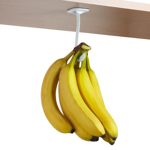 Gadjit Banana Hook - Under Cabinet Hanger Ripens Bananas with Less Bruises Folds Up Out-of-Sight When Not in Use - Self-Adhesive + Pre-drilled Screw Holes (White)