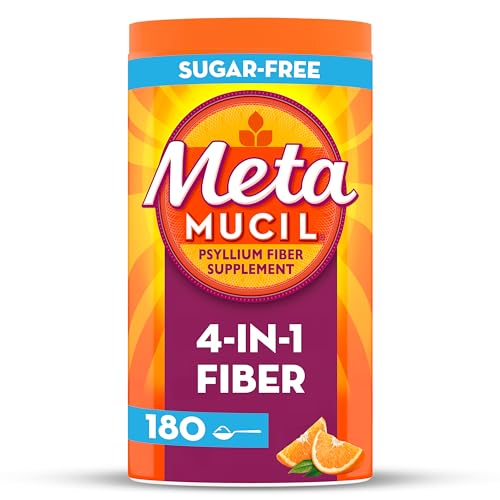Metamucil 4-in-1 Fiber Supplement for Digestive Health, Psyllium Husk Fiber Powder, Sugar-Free Fiber Supplement, Orange Flavored, 180 teaspoons