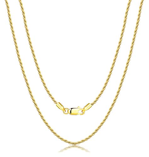 Milacolato 925 Sterling Silver 1.35MM Rope Chain Necklace for Women Men 18K Gold Plated Durable Italian Silver Necklace Chain Jewelry - Lobster Claw Clasp 20 Inches