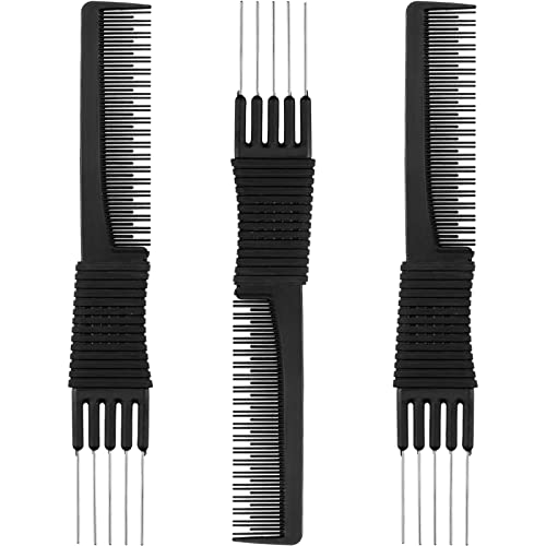 3 Pack Black Carbon Lift Teasing Combs with Metal Prong, Salon Teasing Back Combs, Black Carbon Comb with Stainless Steel Lift (Style A)