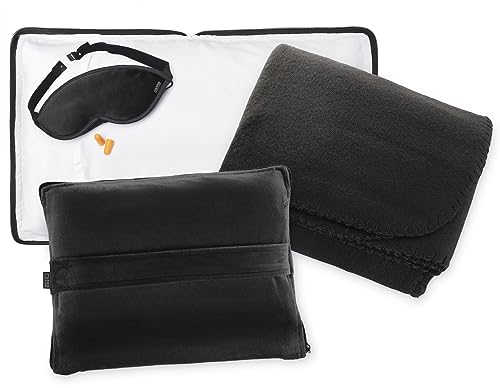 Lewis N. Clark Ultimate Comfort Set + Portable Travel Kit for Airplane, Includes Inflatable Pillow + Zippered Carrying Case, Cozy Fleece Blanket, Eye Mask for Sleeping & Foam Ear Plugs, Black