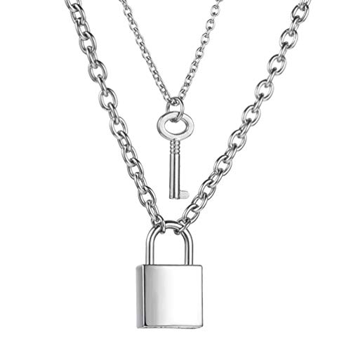 SAKAIPA Lock necklace Lock Key Pendant Necklace Long Chain Punk Multilayer Statement Choker Necklace for Women Men Boy Girls (Silver Tone - Punk Vintage Padlock Pendant)