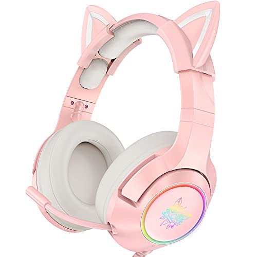 YUAN SHENG Pink Gaming Headset, Cute Cat Ear Headphones Girls Headset Gamer for Laptop RGB LED Lights Earphones with Microphone