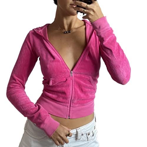 KMBANGI Zip Up Crop Hoodies for Women Vintage Graphic Hooded Pullover Y2k Oversized Drawstring Sweatshirt Jacket with Pockets(H Velvet Pink,S)