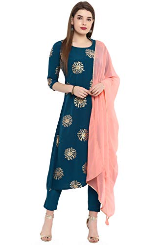 Janasya Indian Women's Tunic Tops Crepe Kurti Set With Dupatta for Women(SET058-KR-NP-XXXL) Turquoise