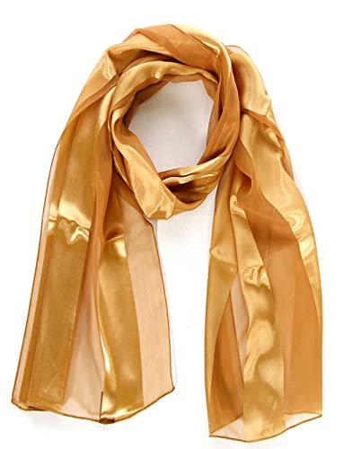 SERENITA Scarfs for women | lightweight soft silky scarves | 60' long satin chiffon stripe solid color neckerchief, Gold