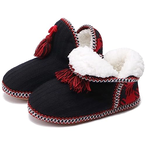 GPOS Knit Cotton Bootie Slippers for Women Cozy Cute Winter House Slippers Lightweight Warm Slipper Boots with Non Slip Grippers Indoor Black Red